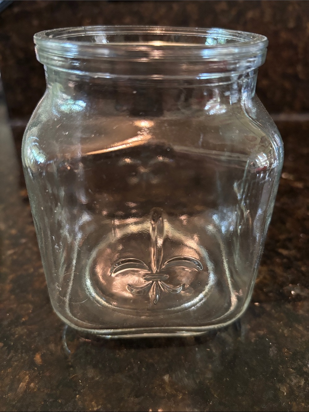 Clear Glass Square Jar with Fleur-de-Lis Accent